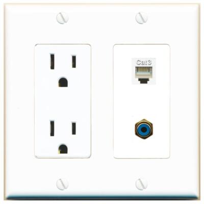 RiteAV Power Outlet and PHONE RCA-BLUE Wall Plate Decorative [White]