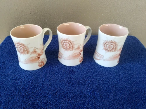 (3) 1973 Fitz and Floyd Coquille Shell Coffee Cups White & Coral Color Interior