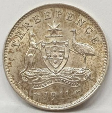 AUSTRALIA 1911 . THREEPENCE . KEY DATE . CHOICE GRADE