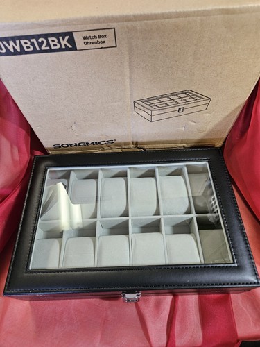 Neu Zwölf Fächer Uhr Organizer Box Glasdeckel abnehmbare Kissen dunkles Leder