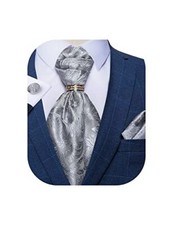Paisley Cravat for Men, 4 PCS Woven Ascot Tie Pocket Square 02 Grey Paisley