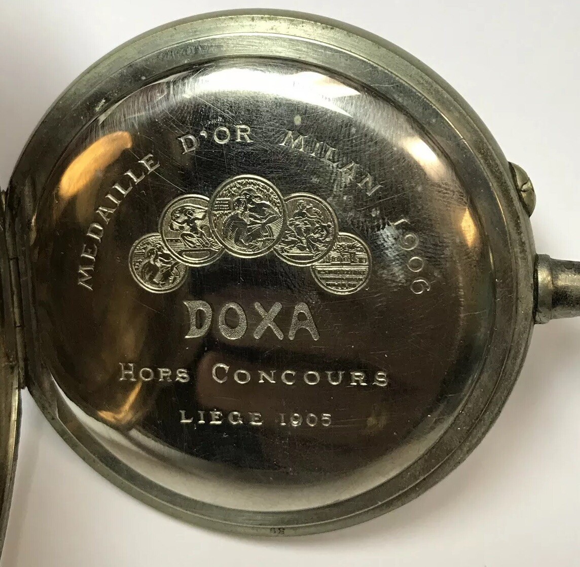 ANTIQUE DOXA MEDAILLE MILAN 1906 OPEN POCKET WATCH RUNNING HORS