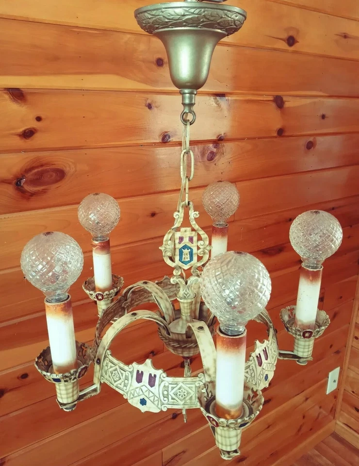 Antigua araña de bronce fundido de principios de 1900 Tudor Mission artesanías renacentistas Foto 4 de 4