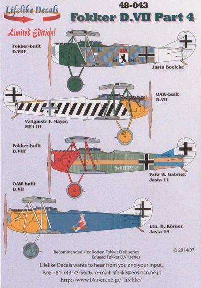 Lifelike 1/48 decal Fokker D.VII Pt 4 for Roden & Eduard kits - 48-043 Lifelike 1/48 decal Fokker D.VII Pt 4 for Roden & Eduard kits - 48-043