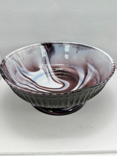 Schale lila weiß Schlacke antik geriffelter Rand Glas 1900er USA 8" Sockel Wirbel - Bild 4 von 15