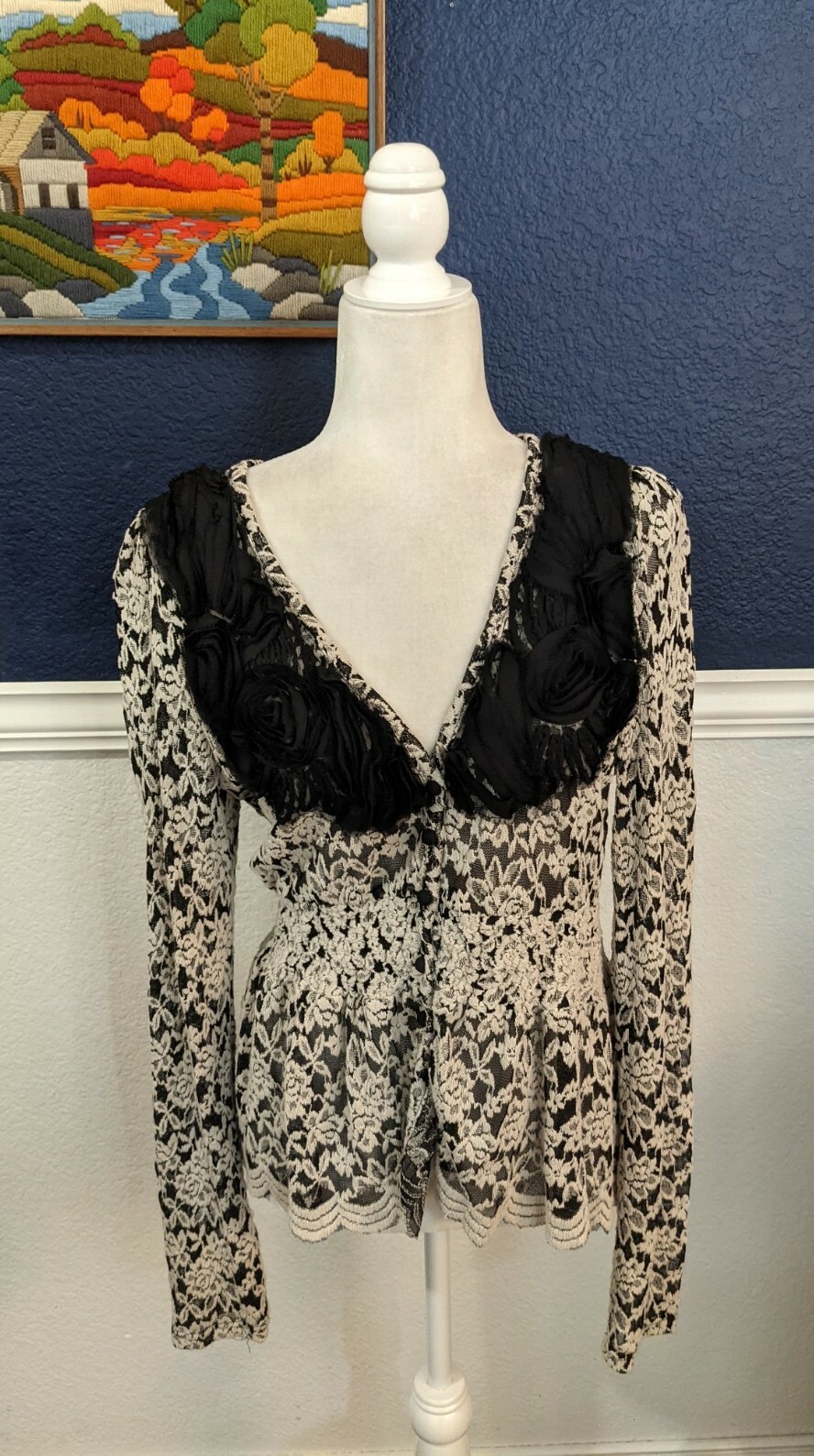 RYU Anthropologie Vintage Style Lace Cardigan Bla… - image 1