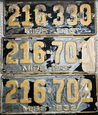 Vintage Lot Of 3 License Plates Mississippi Miss 1932 Rustic New Old Stock ￼