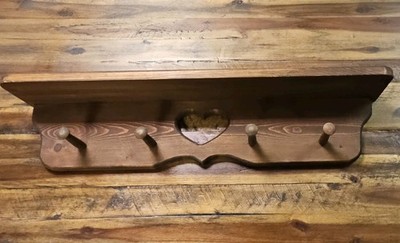 Rustic Wooden Wall Mounted Coat & Hat Rack with Heart Cutout, Shelf, 4 Peg Hooks