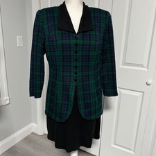 Lois Snyder Dani Max Petite Vintage 80s Plaid Blazer Dress Suit Set Green Navy