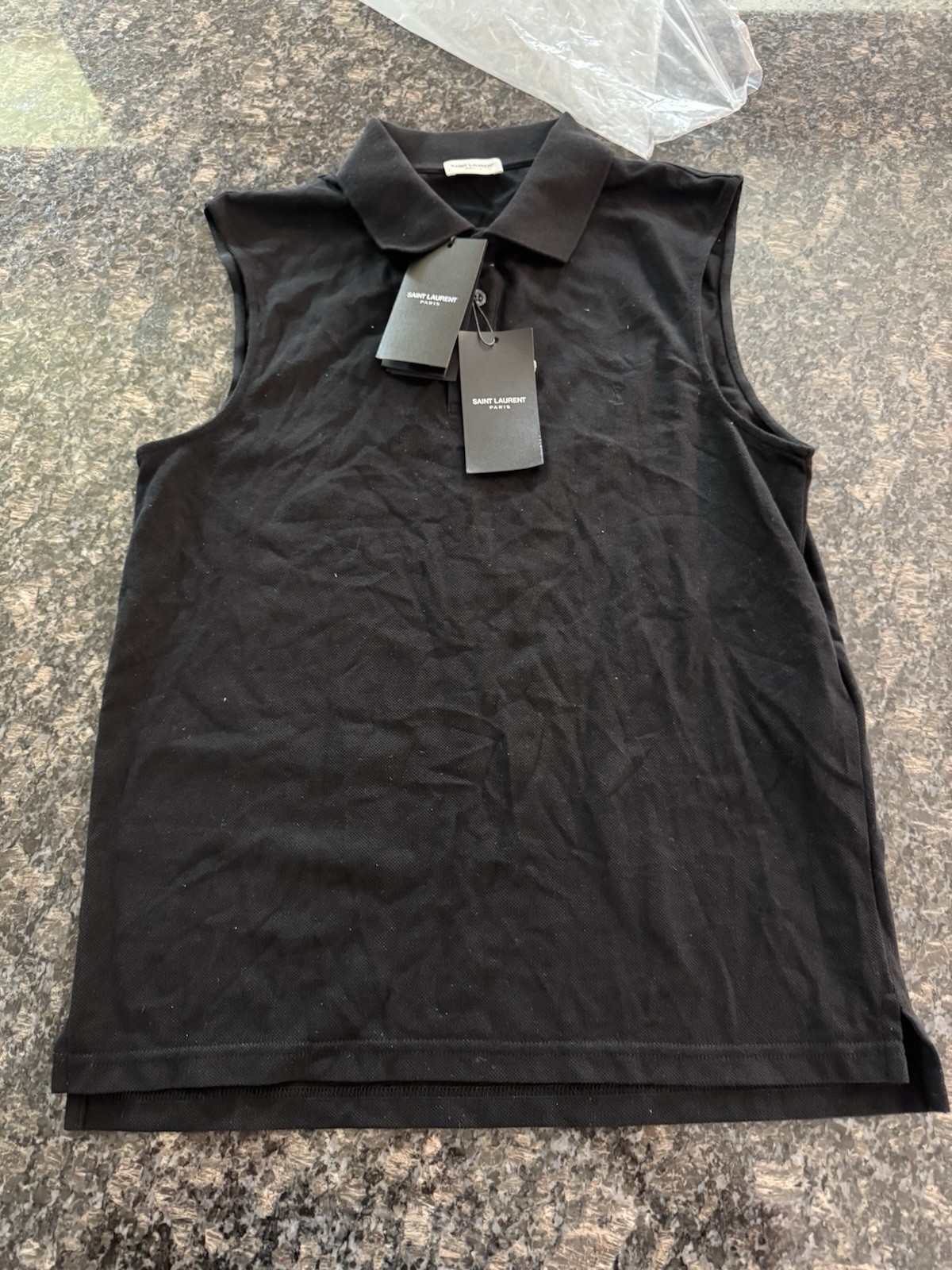 SAINT LAURENT Polo senza maniche Cassandre misto cotone taglia S uomo