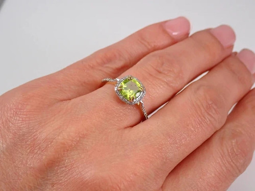 Lab-Created Peridot 2Ct Cushion Cut Halo Engagement Ring 14K Yellow Gold Plated - Picture 7 of 7