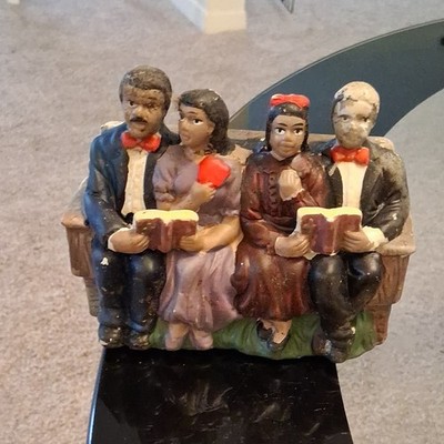 Painted Ceramic Figurine Four People Sitting on Bench Holding Books, Multicolor