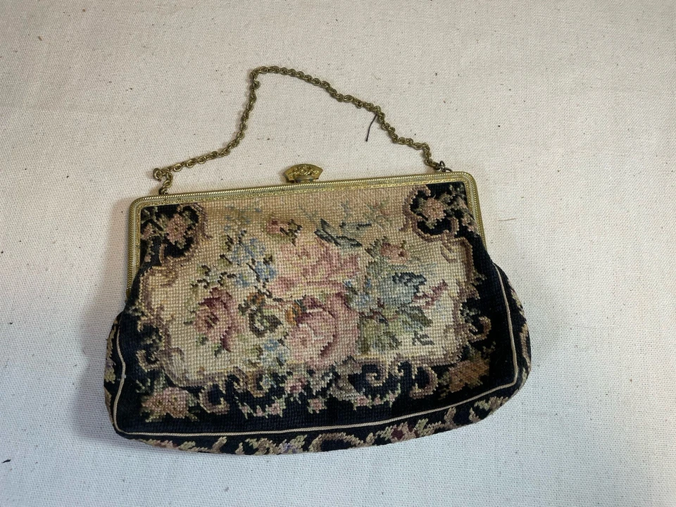 Cartera de noche vintage Petit Point tapiz floral con cadena, hecha en Alemania #004 Foto 2 de 4
