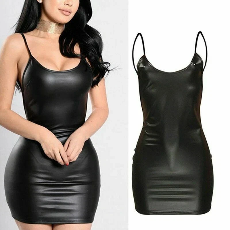 Women Spaghetti Strap PU Leather Bodycon Sexy Mini Dress Cocktail Party Clubwear