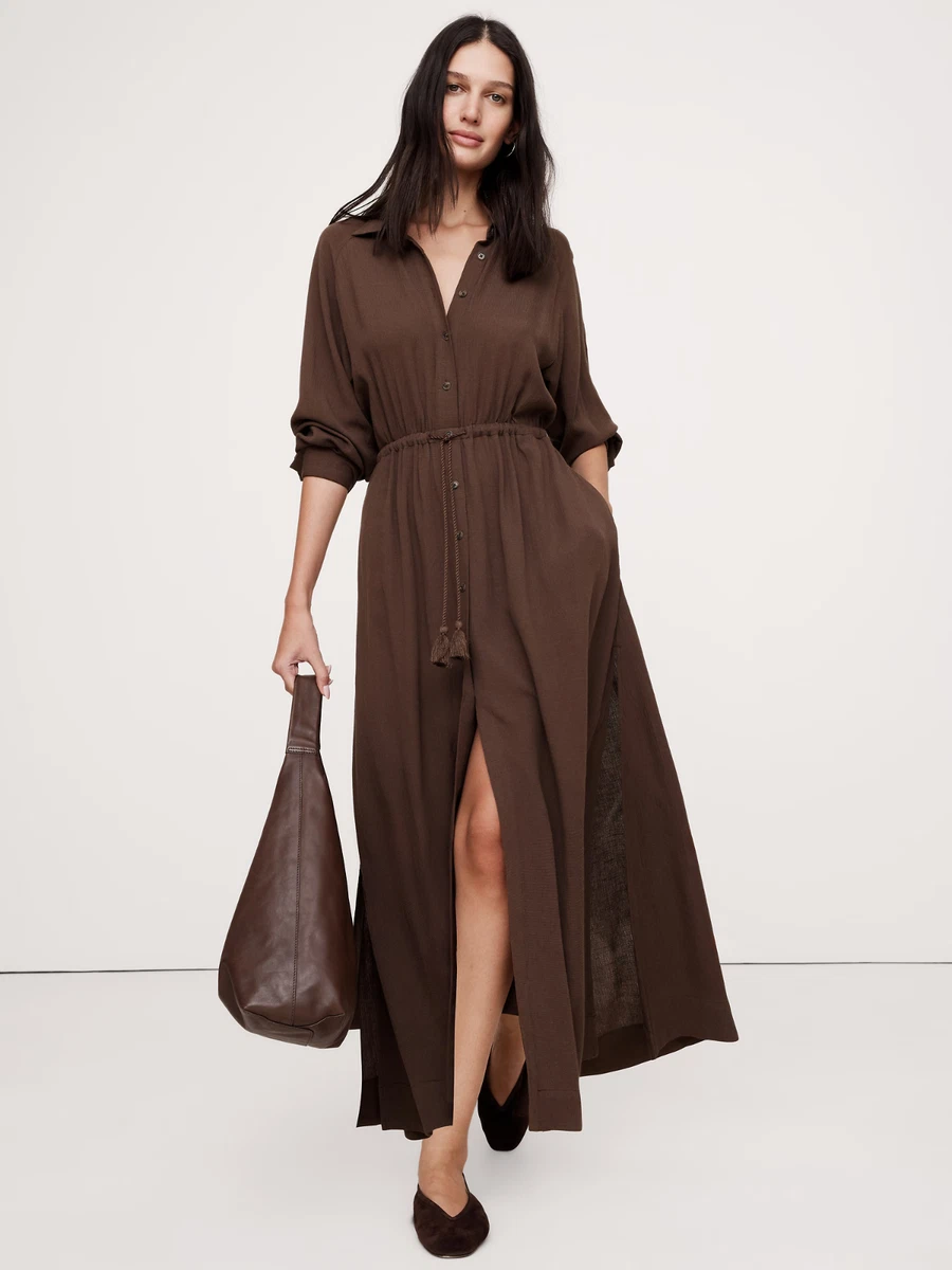 banana republic brown maxi dress Banana Republic x Olivia Palermo - Pleated Off-the-Shoulder Maxi Dress