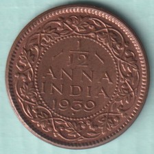 BRITISH INDIA 1939 KING GEORGE VI 1/12 ANNA RARE COPPER COIN