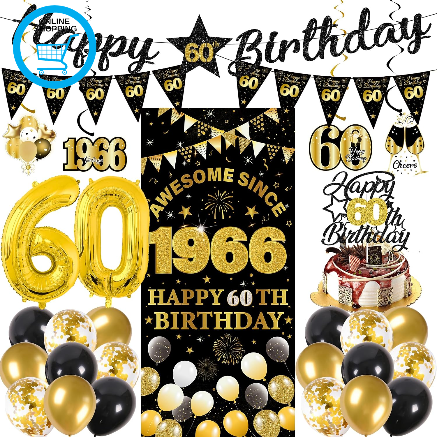 60Th Birthday Decorations Men Women - 27 Pcs Black Gold Happy 60Th Birthday Bann