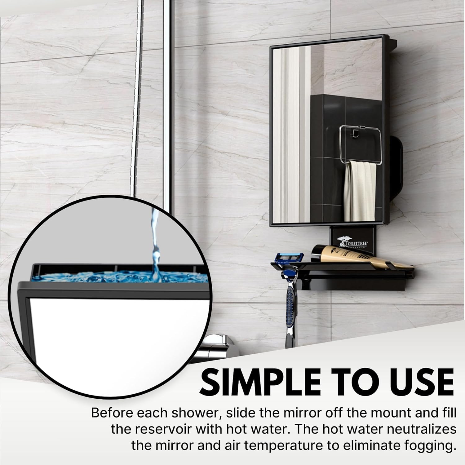 ToiletTree Products Fogless Shower Mirror - Anti-Fog 7.5"L x 6.5"W, Black 