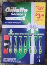 GILLETTE Sensor 3 Sensitive Gift Pack 7 Disposable 3-Blade Razors Shave Gel NEW