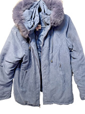 Giorgio Morandi Vintage Blue Real Fox Fur Trim Coat Size Large 