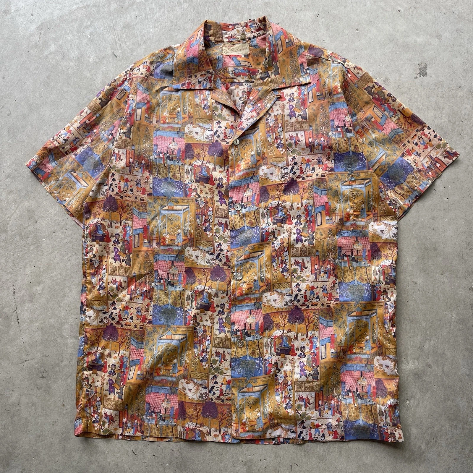 Vintage 60s Ross Sutherland Japanese Print Hawaiian Aloha Shirt L Loop Collar