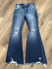 Kancan Ultra High Rise Wide Flare Boho Jeans 28 X 32 Raw Hem Vintage Wash Hippie