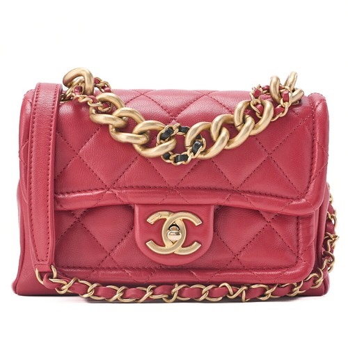 CHANEL Lambskin Mini Matelasse 20cm Single Flap 2WAY Chain Shoulder Bag Red (Gol