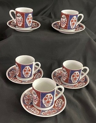 5 Espresso Tassen Untertassen Porzellan Japan Imari Stil Rot Blau Gold Vintage