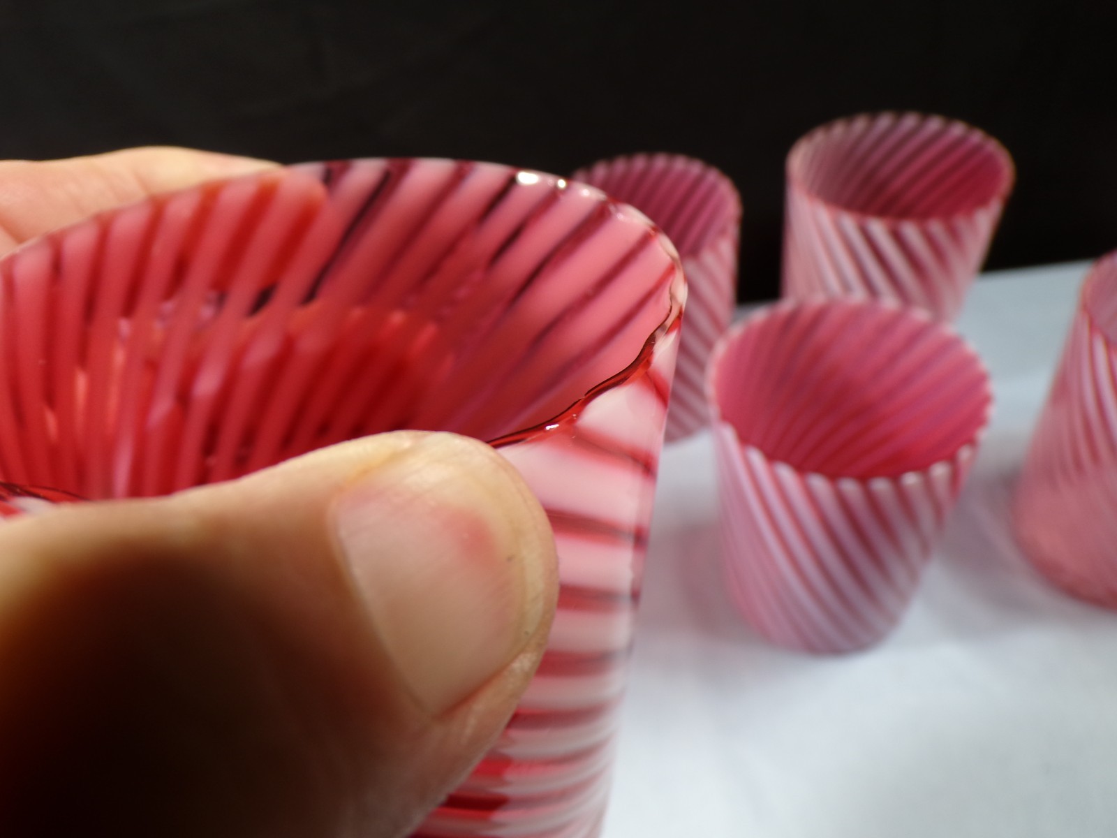 Northwood Cranberry Opalescent Swirl Spiral Optic Water Set Pitcher & 6 Tumblers