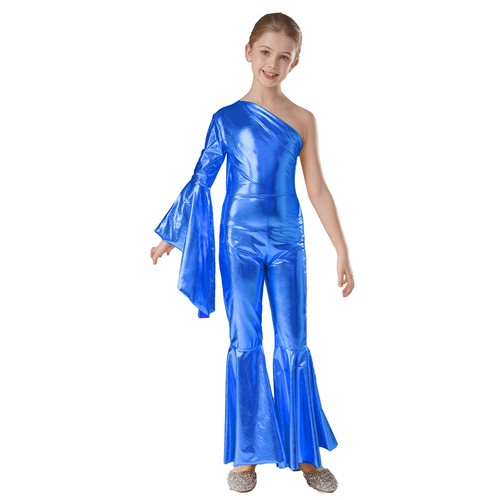 Kids Girls Disco Costume Shiny Sequins Dance Jumpsuit Long Bell-bottom Unitard - Picture 47 of 93