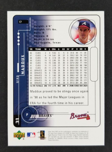 Greg Maddux 1999 Upper Deck MVP Baseball Card #17 (NM) - Picture 2 of 2