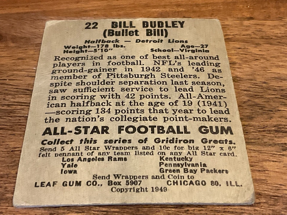 1949 Leaf Bill Dudley #22 Detroit Lions - Image 3 of 3