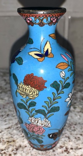 Detailed Antique LT BLUE JAPANESE CHINESE ENAMELED CLOISONNE Copper VASE 4 7/8" - Picture 4 of 11