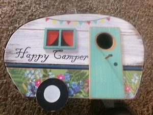 Retro Decorative Birdhouse "Happy Camper" RV/Trailer w/Galvanized Tin Roof-9 Ins