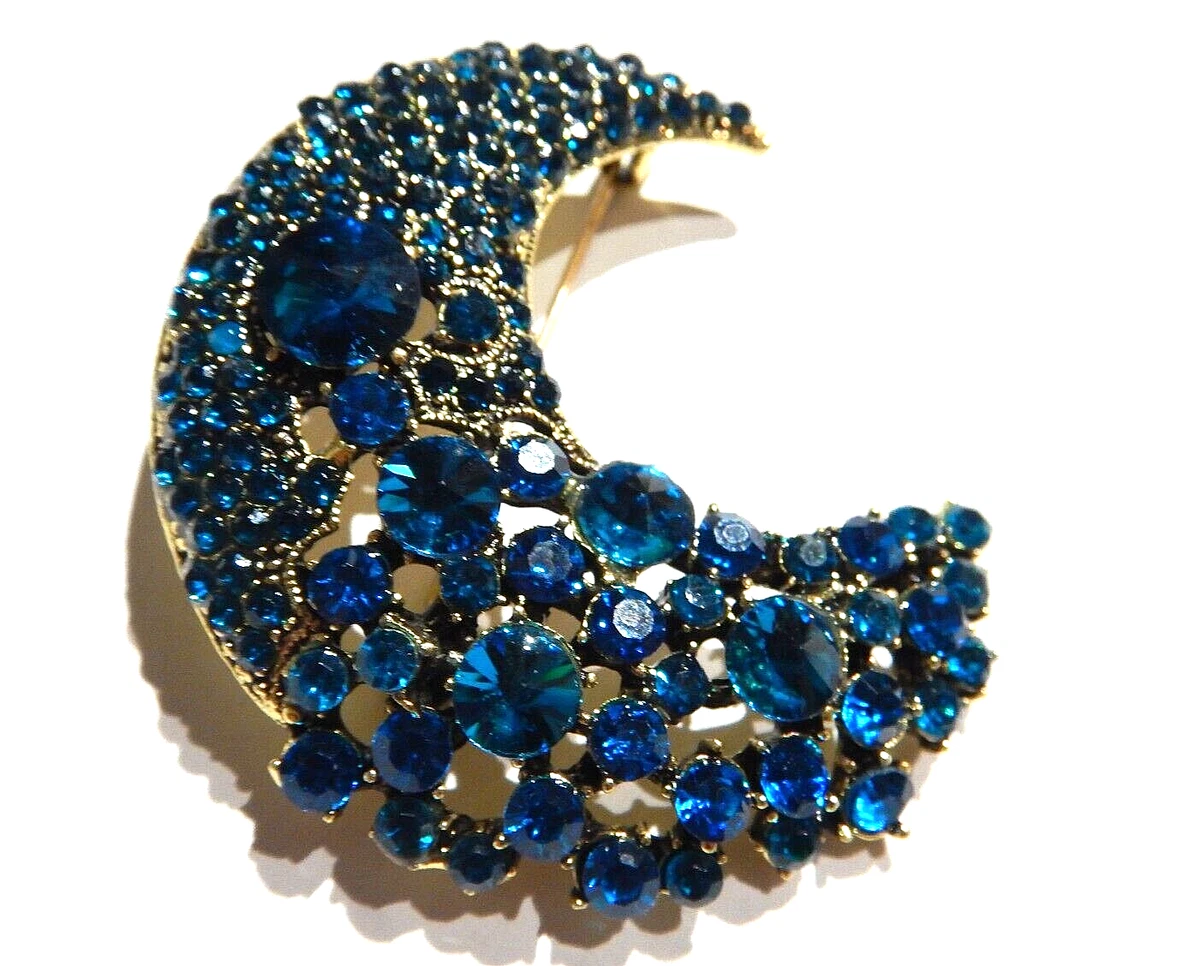 BIG BLUE MOON BROOCH crystal rhinestone goldtone teal crescent