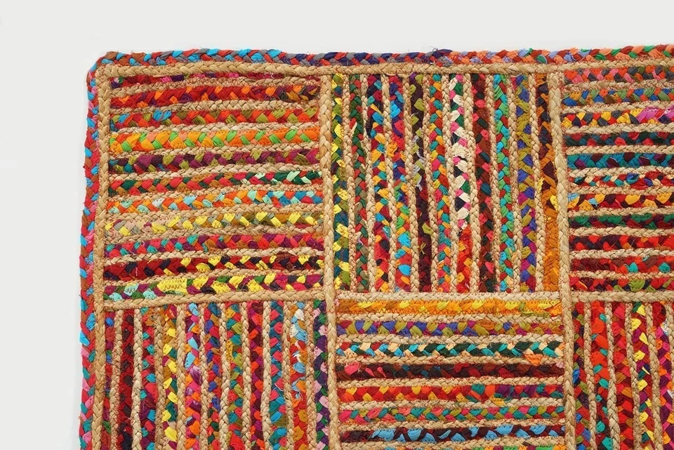 Tapete trançado de juta e chindi mistura tecido patchwork aparência tapete de área moderno nos EUA - Imagem 3 de 4
