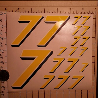Yellow w/white & Black #7's  Racing Numbers Vinyl Decal Sheet 1/10-1/12 