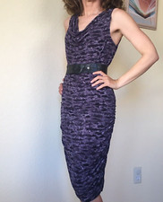 Michael Kors Bodycon Ruched Dress MED Sleeveless Belted Cowl Neck Eggplant NWT