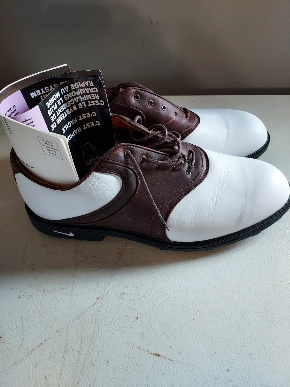 Scarpe da golf NIKE Air Comfort da uomo 9 5 Kempshall ultimi tacchetti Oxford marroni bianchi