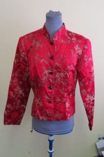 RED ASIAN STYLE JACKET SILK BLEND BROCADE SIZE M SHORT CROP JACKET FLORAL