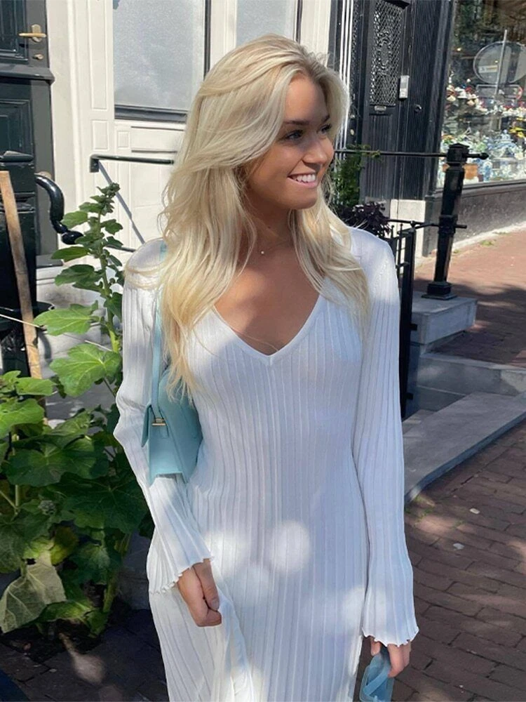 OFF WHITE Abito donna casual scollo a V lavorato a maglia autunno elegante manica lunga bodycon dress