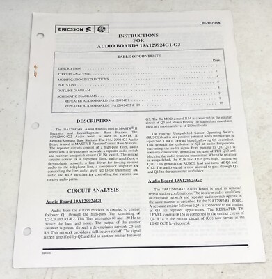 Ericsson GE Instruction for Audio Boards 19A129924G1-G3 LBI-30705K