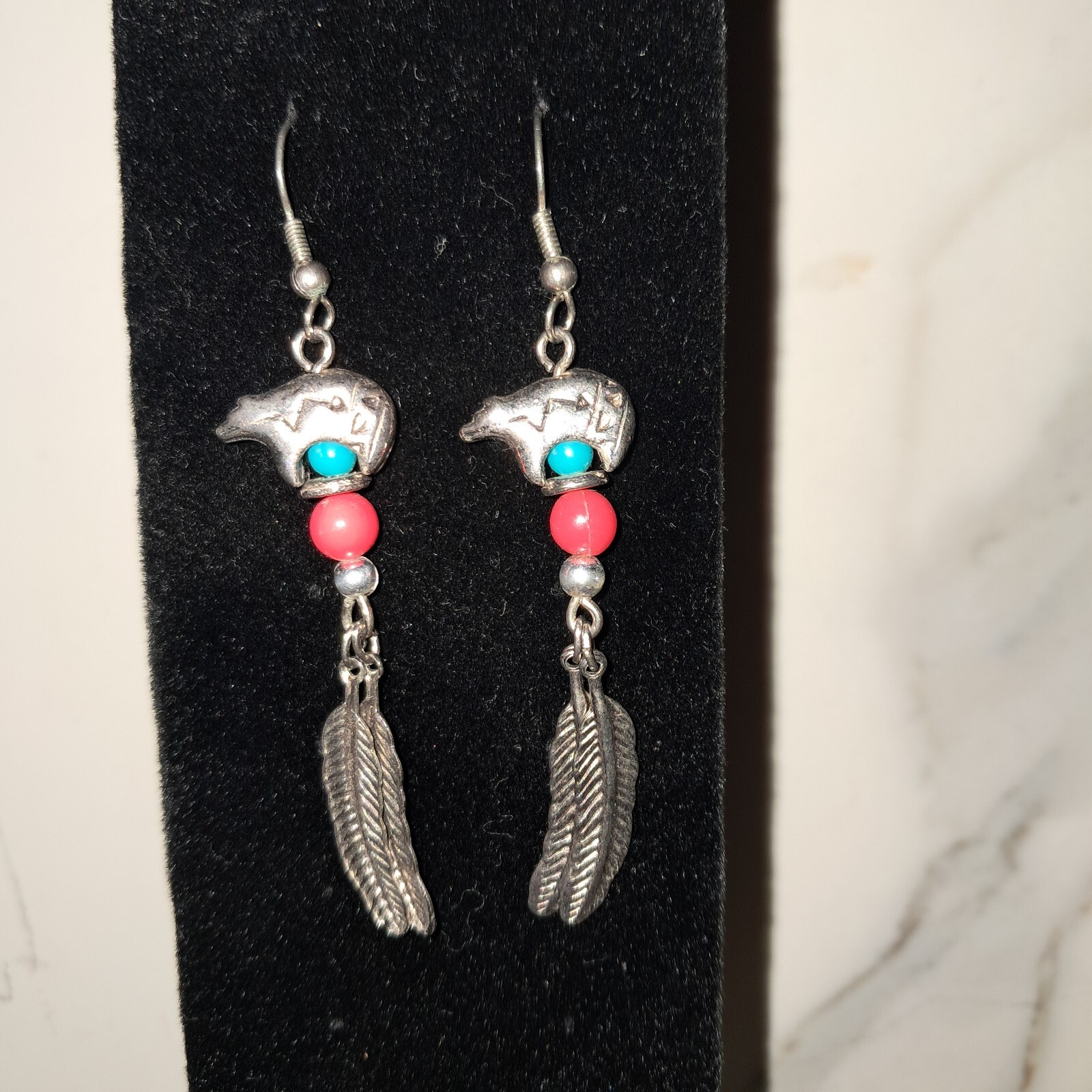 Silvertone Earrings Dangle Feathers - image 4