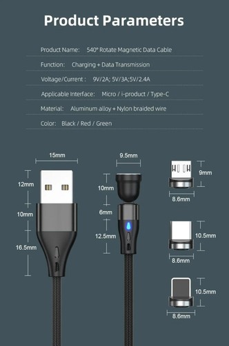 540° 3-in-1 Magnetic USB Charging Cable 3A Fast Charger Type-C Micro USB Tips - Photo 13 sur 25