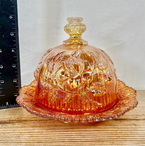 Stunning Antique Imperial Glass Open Rose In Marigold Butter Dome Dish - Picture 13 of 17