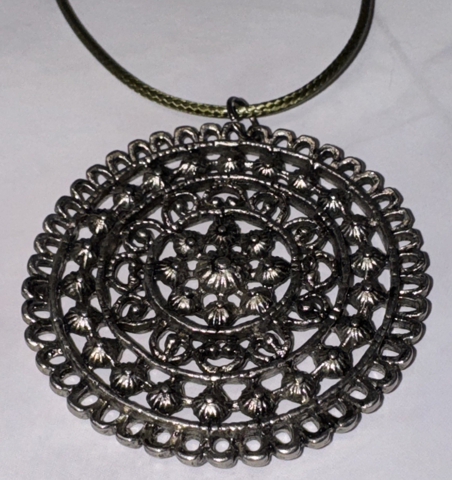 Vintage Large Statement Silvertone Round Pendant … - image 7