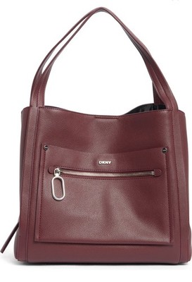 DKNY Burgundy Tote Shoulder Bag Zip Closure Pockets Detachable Strap Silver