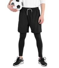 Boys Compression Pants Kids 2 in 1 Football Sports Leggings with Shorts with ...