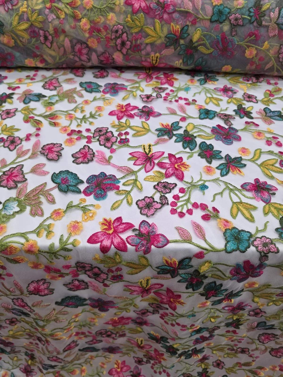 Fabric By The Yard Multicolor Lace Pink Fuchsia Embroidery Flowers On White Mesh - product detail image 10