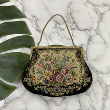 Vintage Tapestry Clutch Bag Purse Black Pink Floral Needlepoint Gold Hungary